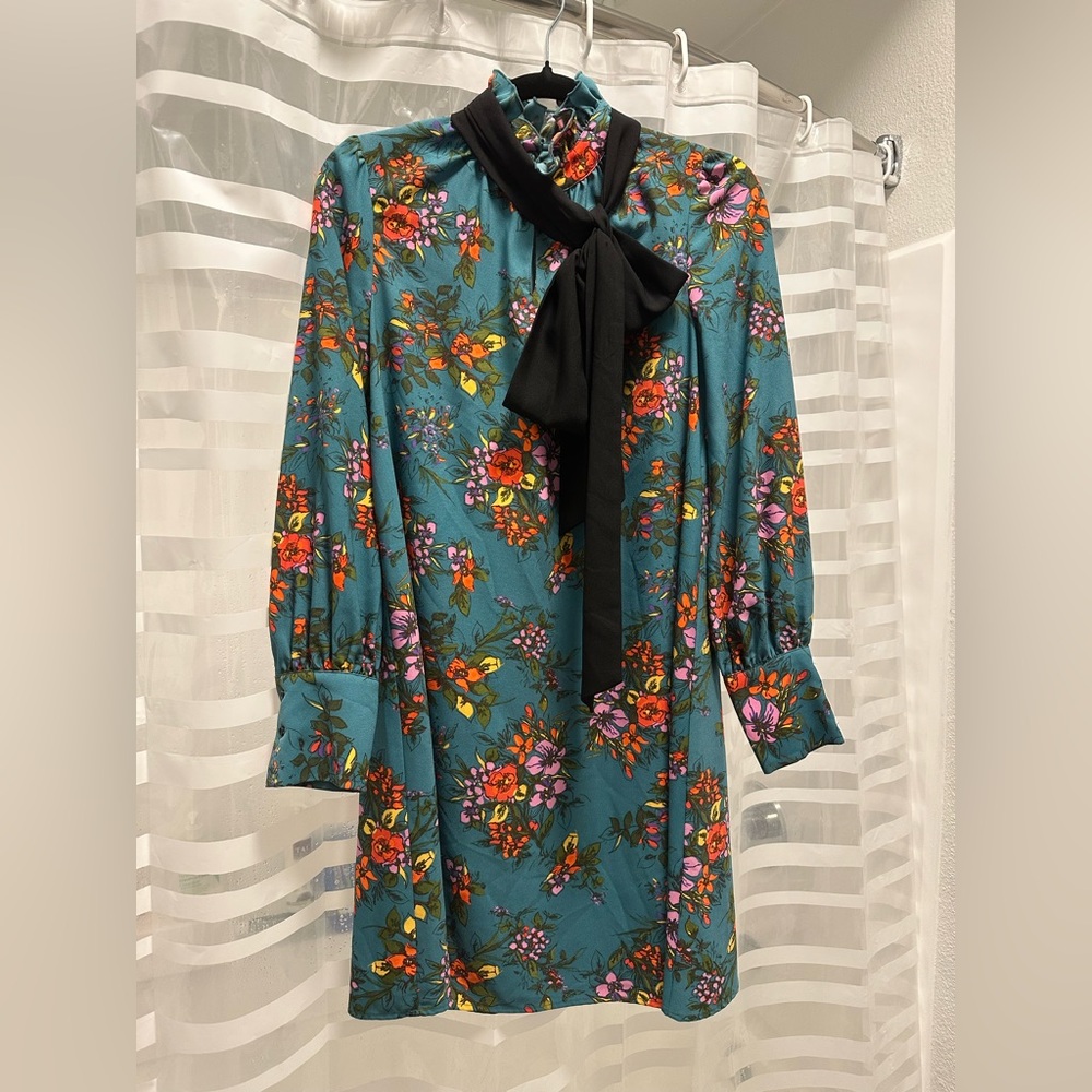 Halogen Teal Floral Dress with Black Bow